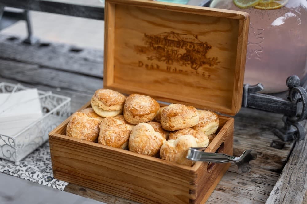 Home-baked pogácsa in the branded wooden box