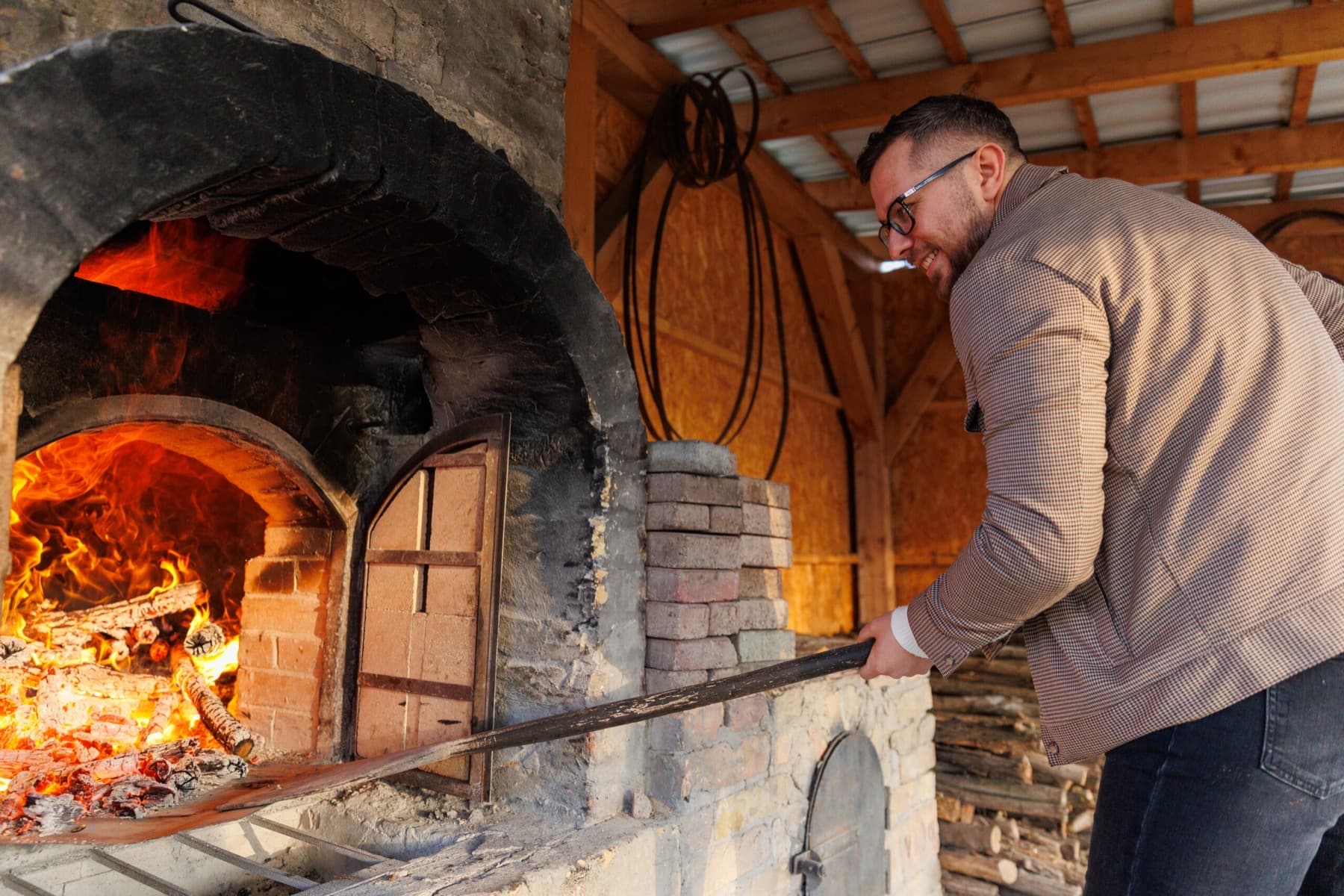 A wood-fired oven at work